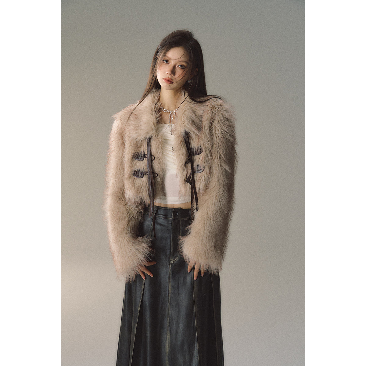 Khaki Fluffy Jacket With Horn Toggle Button - chiclara