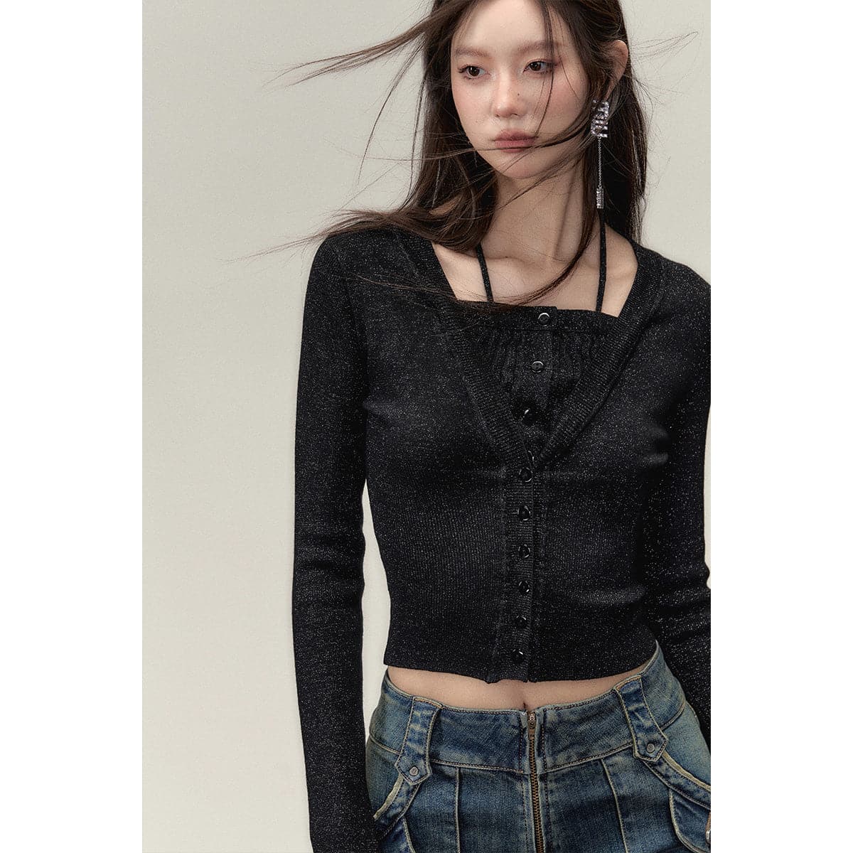 Elegant Black Knit Top With Faux Two-Piece Design - chiclara