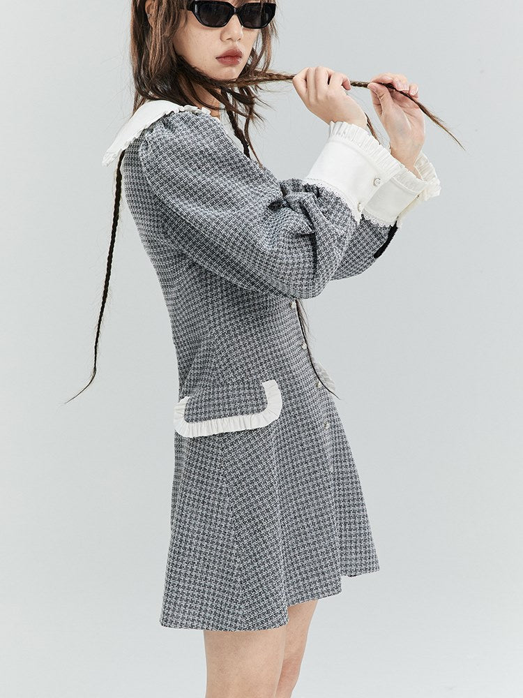 Frilled Plaid Big-Collar Dress - chiclara