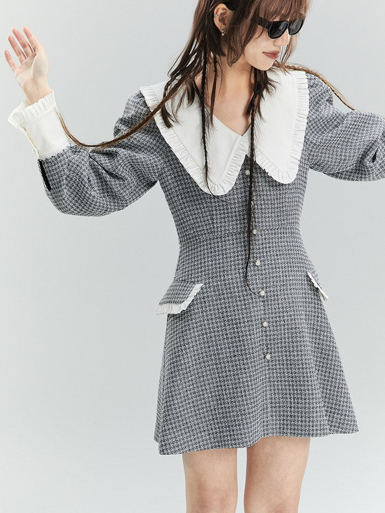 Frilled Plaid Big-Collar Dress - chiclara