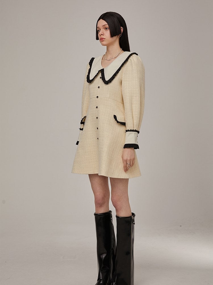 Frilled Plaid Big-Collar Dress - chiclara