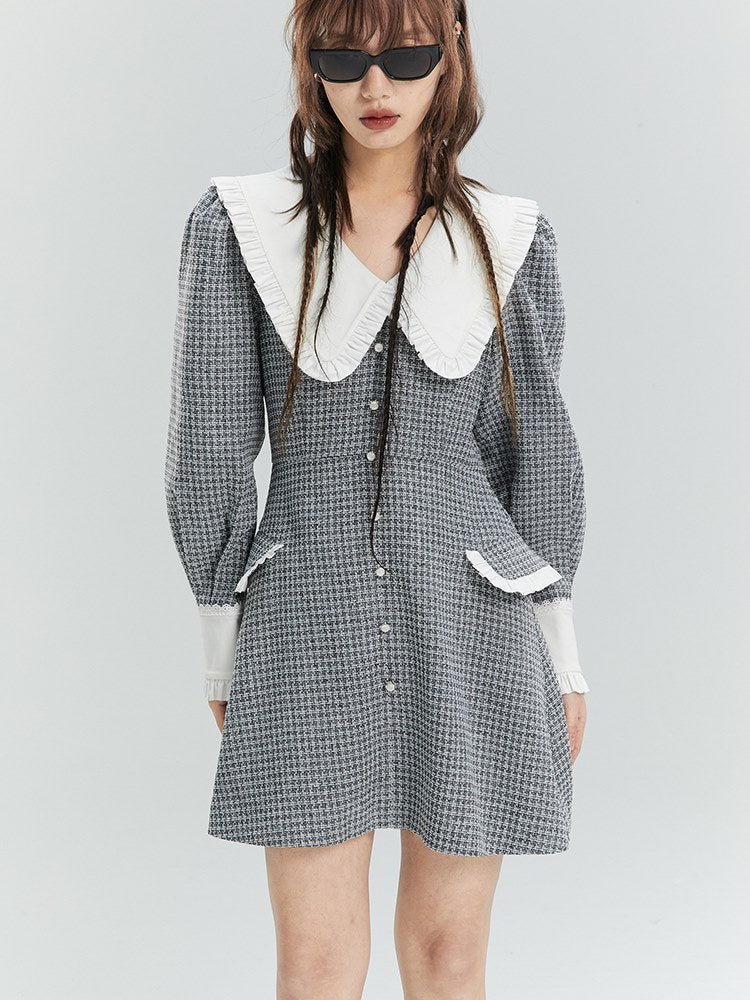 Frilled Plaid Big-Collar Dress - chiclara