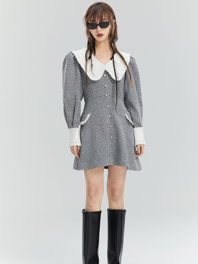 Frilled Plaid Big-Collar Dress - chiclara