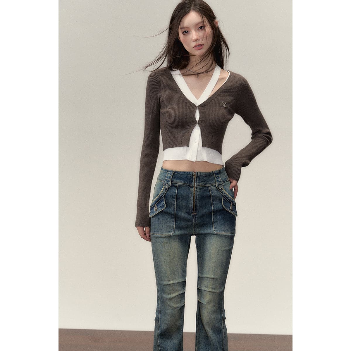 Hollow Out Knit Short Cardigan - Brown - chiclara