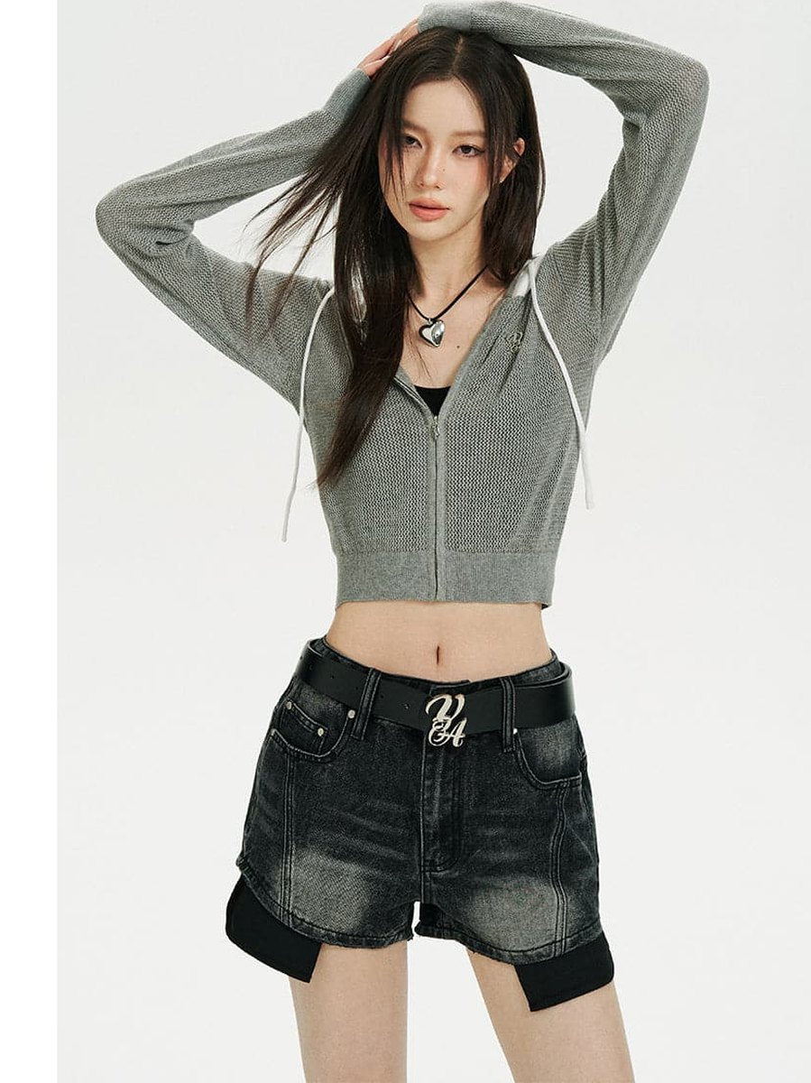 Grey Color Blocked Knit Short Zip Hoodie - chiclara
