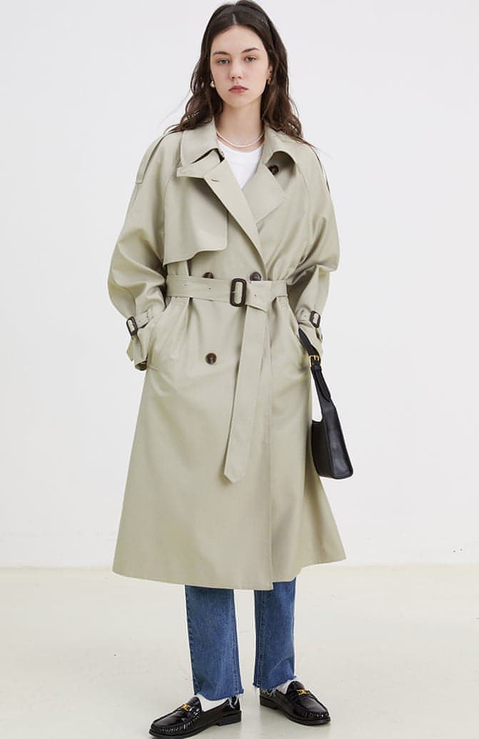 Double-Breasted Loose Mid-Length Melton Trench Coat - chiclara
