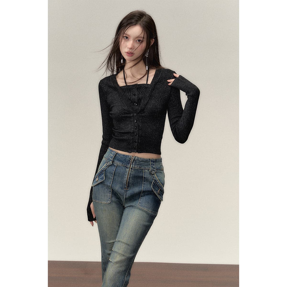 Elegant Black Knit Top With Faux Two-Piece Design - chiclara