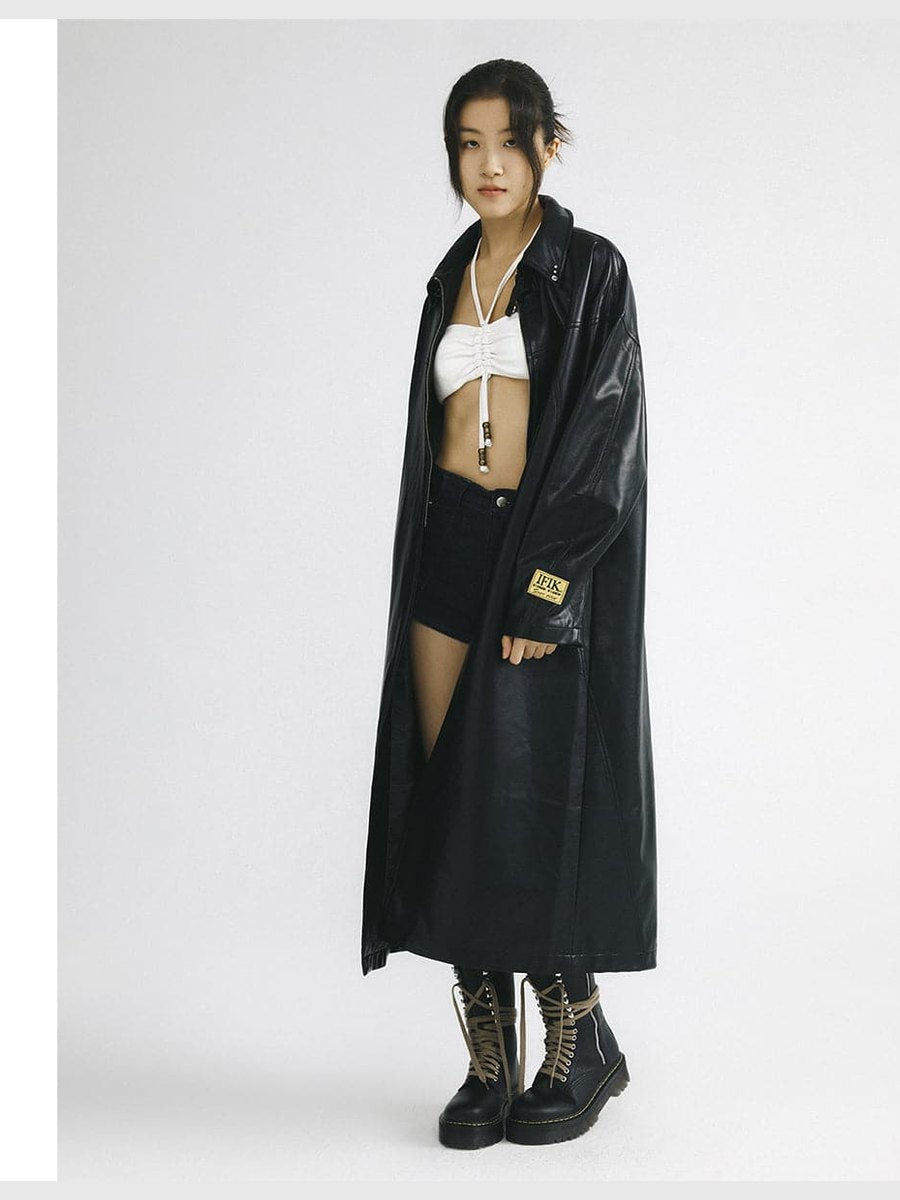 Black Leather Hooded Coat With Oversized Zipper - chiclara