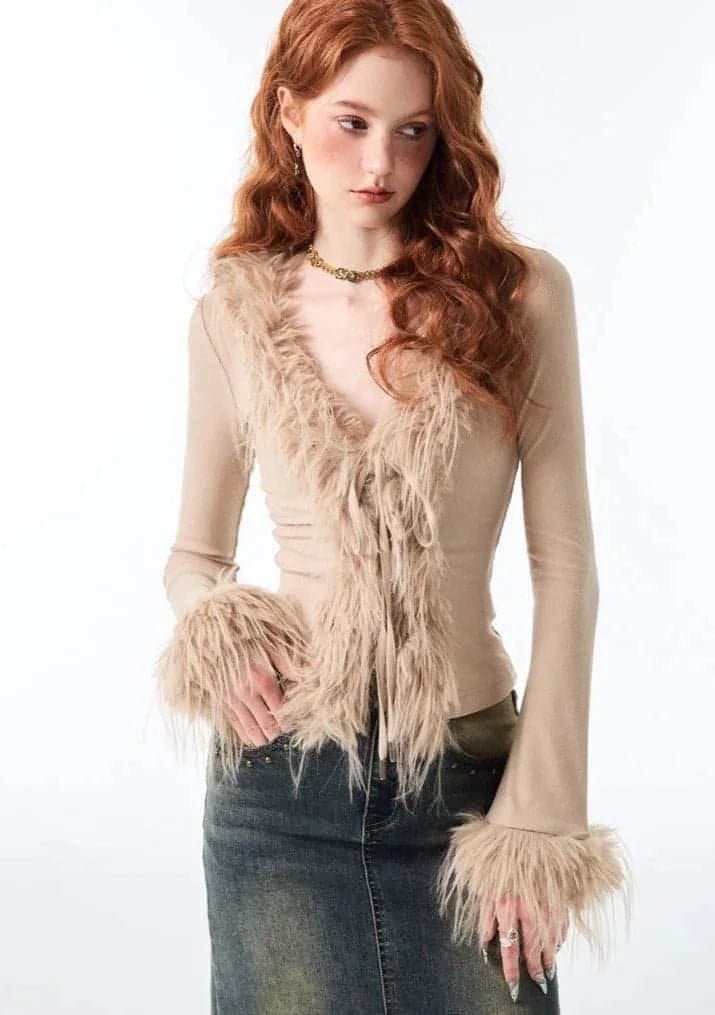 1Jinn Fuzzy Furry Collar Knitwear - chiclara