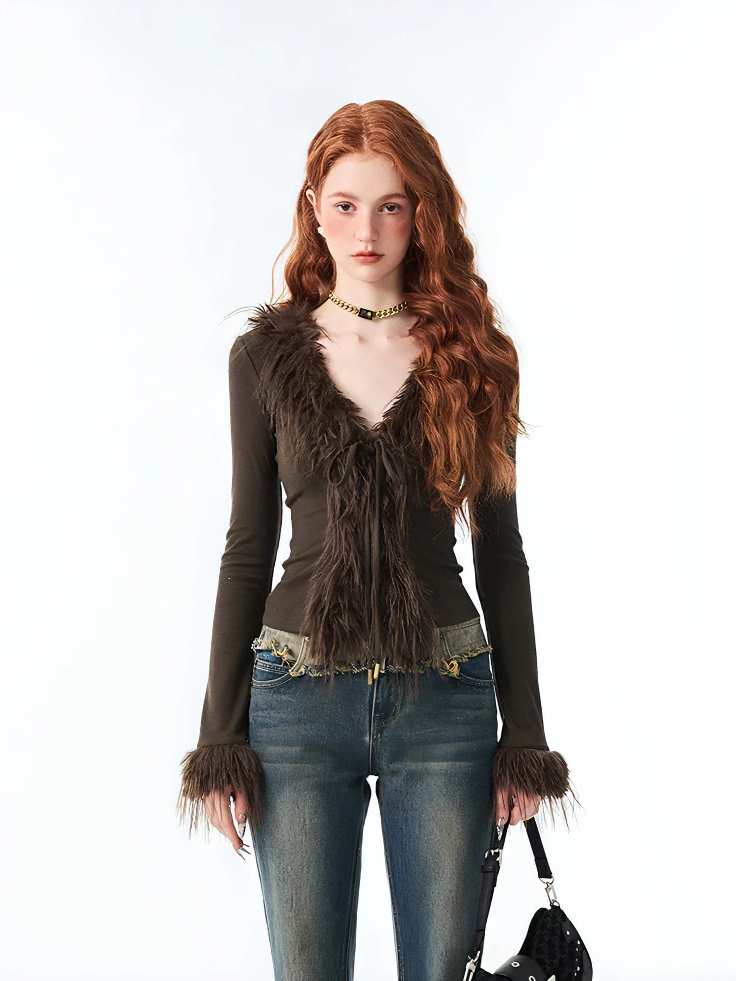 1Jinn Fuzzy Furry Collar Knitwear - chiclara