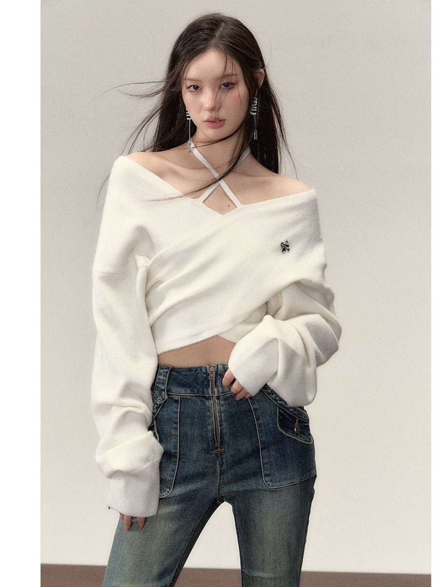 White Crossed Knit Top With Halter Straps - chiclara