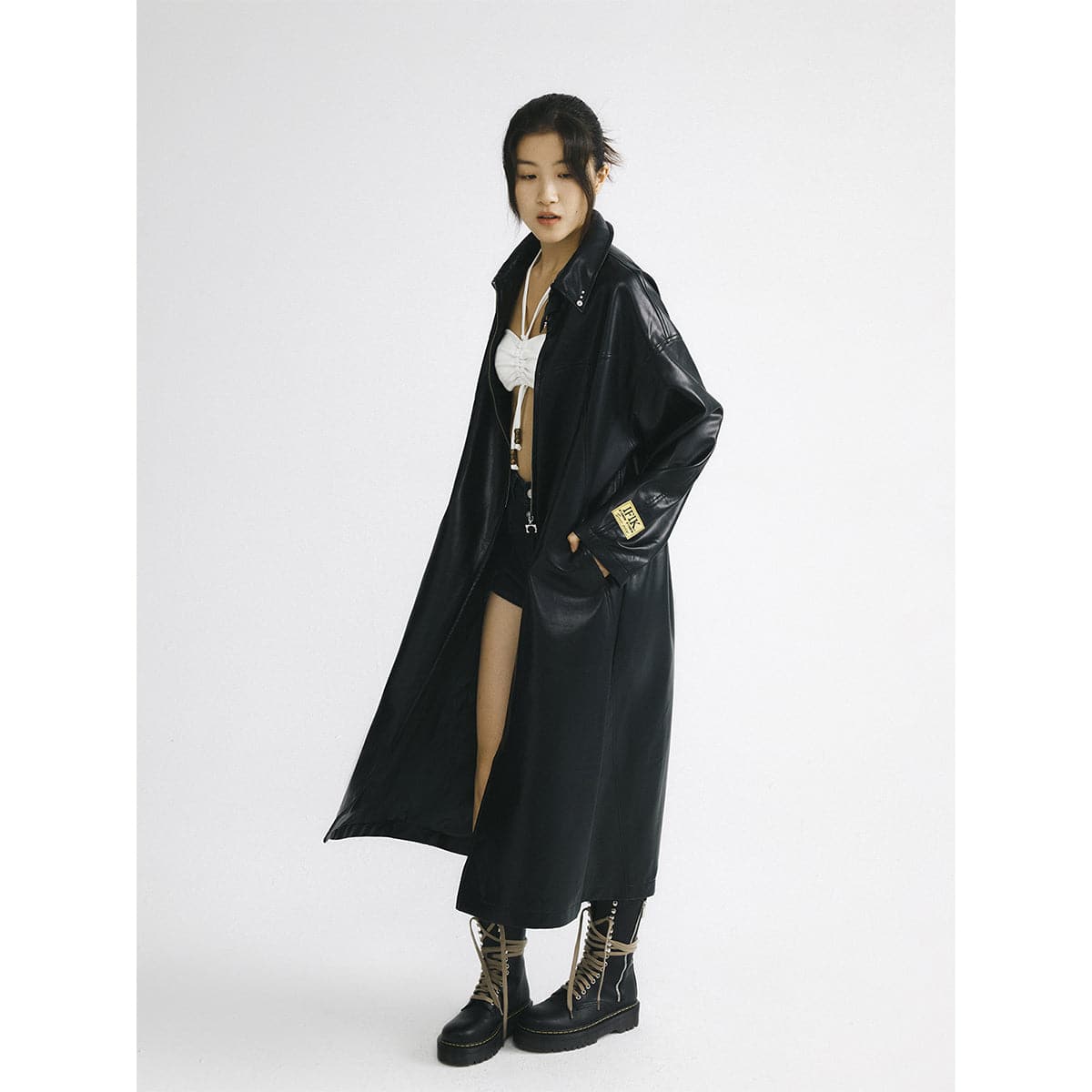 Black Leather Hooded Coat With Oversized Zipper - chiclara