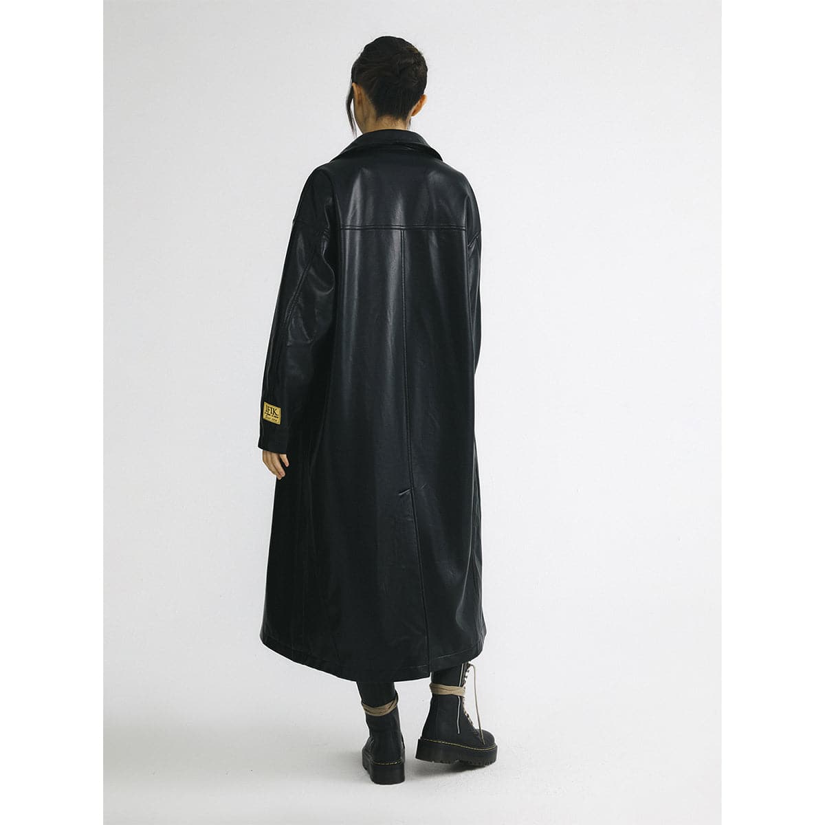 Black Leather Hooded Coat With Oversized Zipper - chiclara