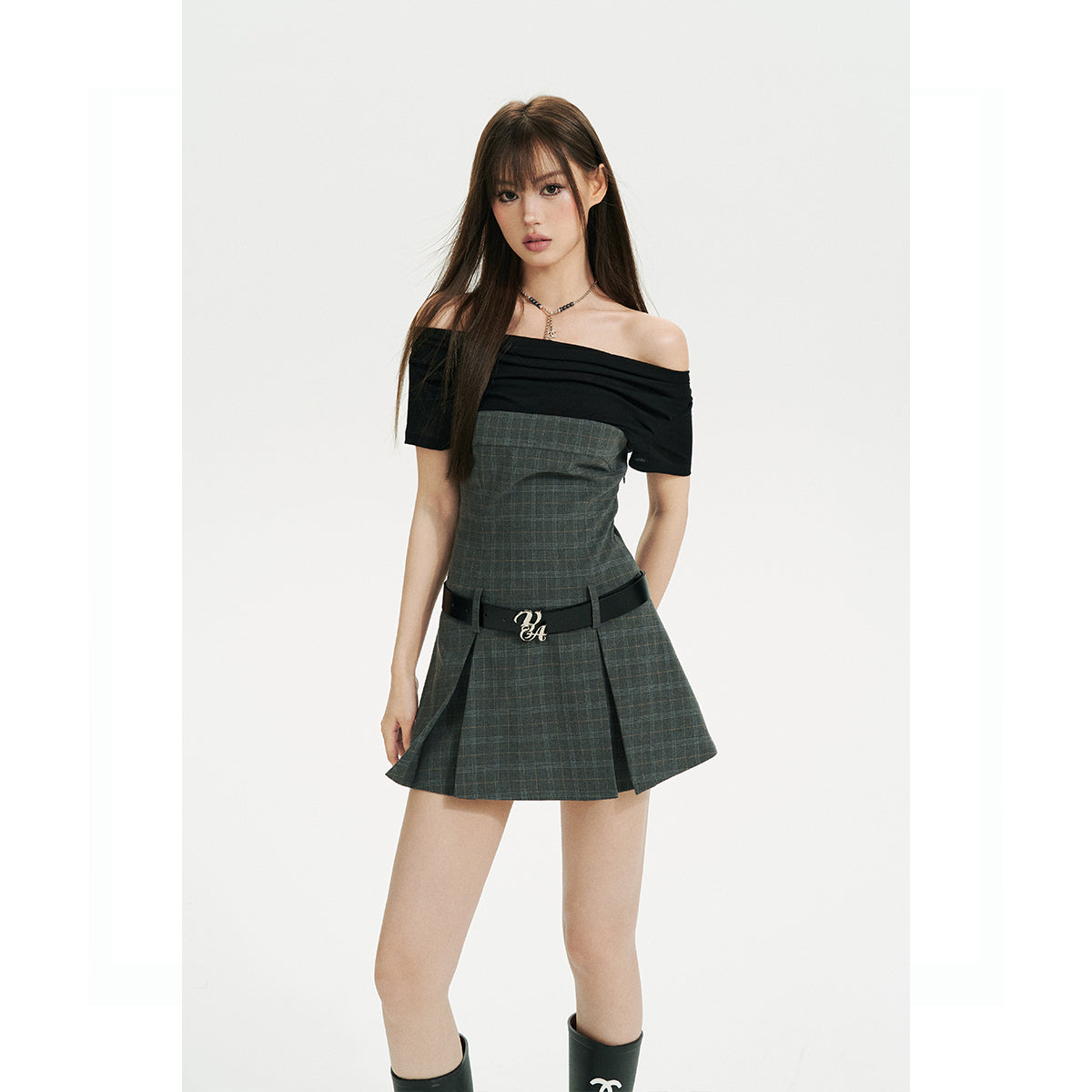 Elegant Off-Shoulder Dress With Illusion Layer - chiclara