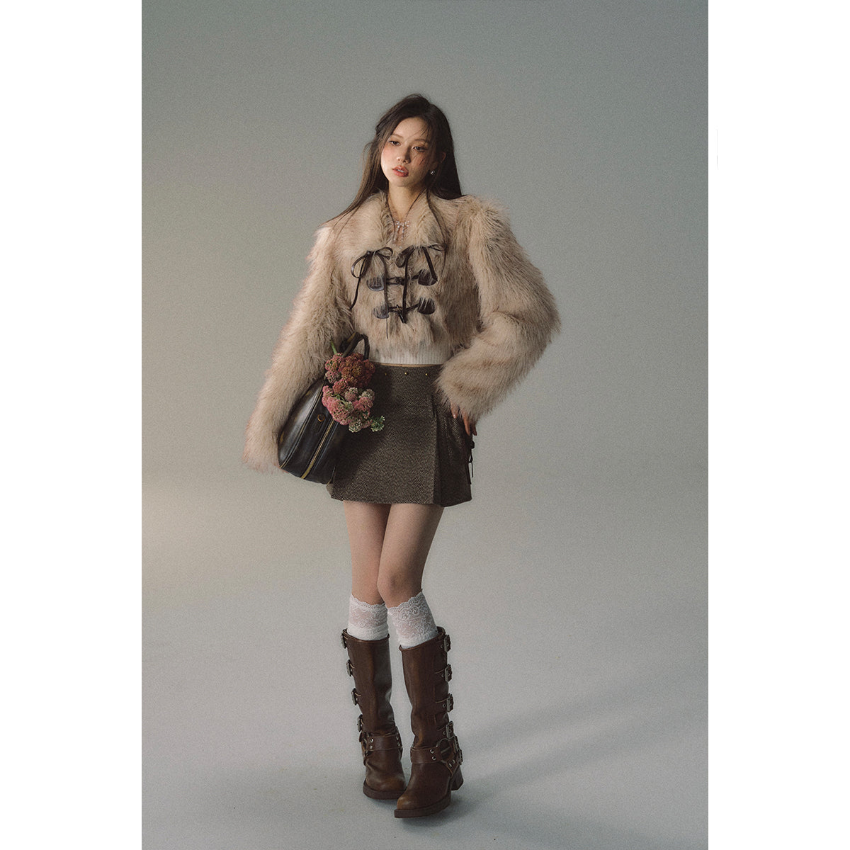 Khaki Fluffy Jacket With Horn Toggle Button - chiclara