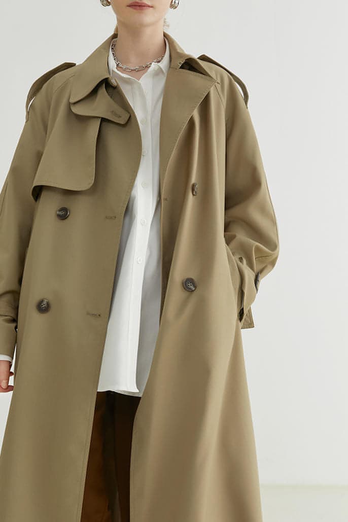 Double-Breasted Loose Mid-Length Melton Trench Coat - chiclara