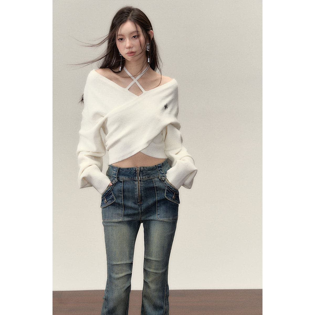 White Crossed Knit Top With Halter Straps - chiclara