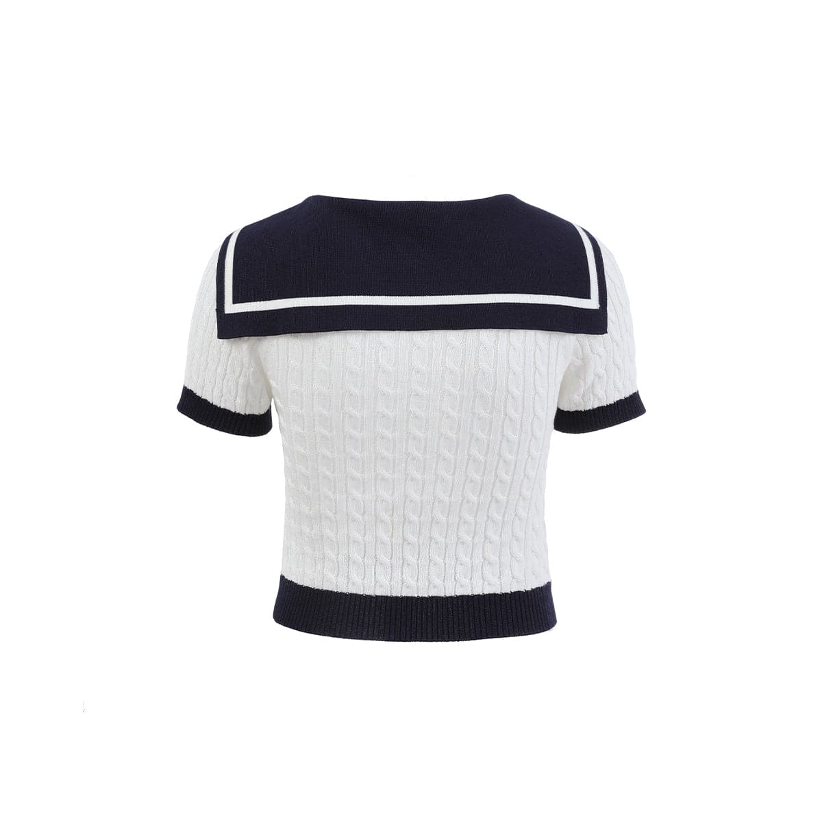 White Knit Crop Top With Embroidered Sailor Collar - chiclara