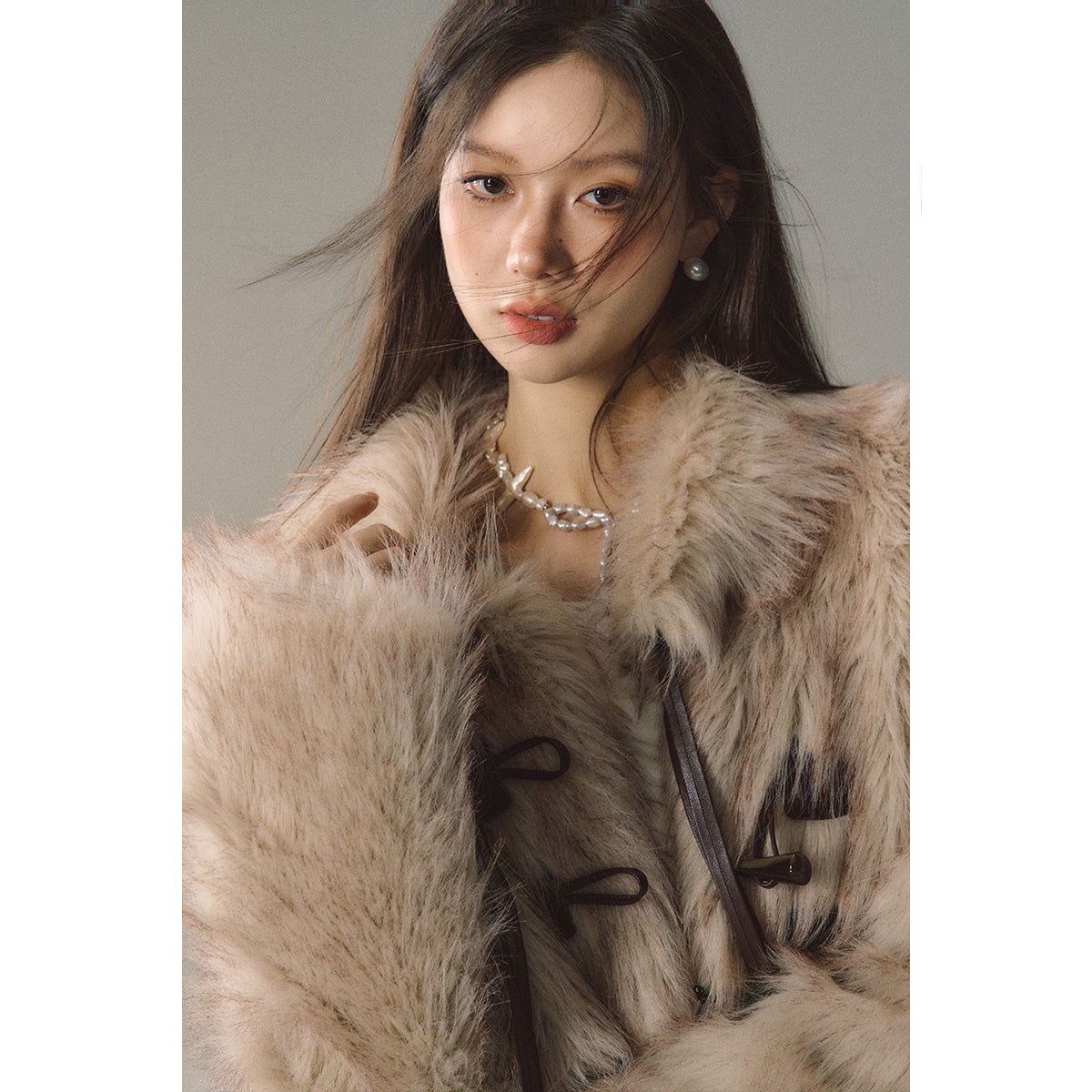 Khaki Fluffy Jacket With Horn Toggle Button - chiclara
