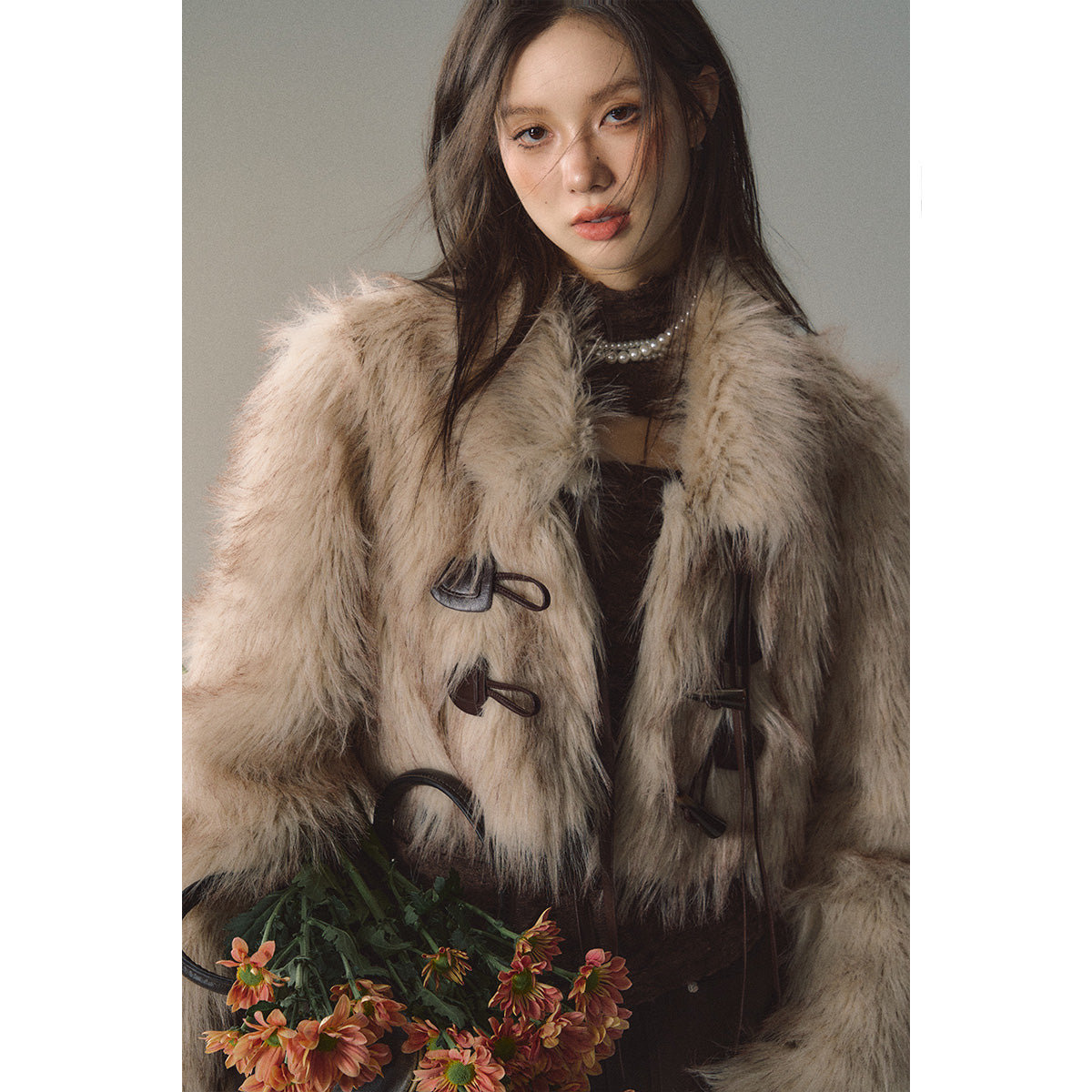 Khaki Fluffy Jacket With Horn Toggle Button - chiclara