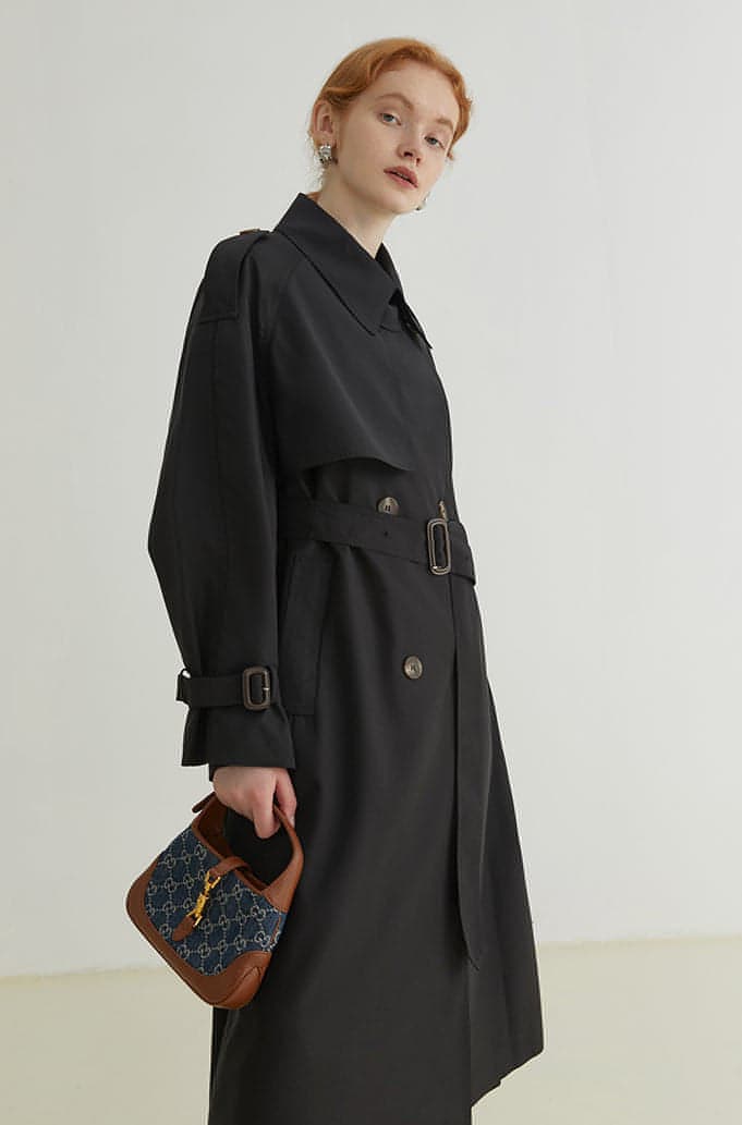 Double-Breasted Loose Mid-Length Melton Trench Coat - chiclara
