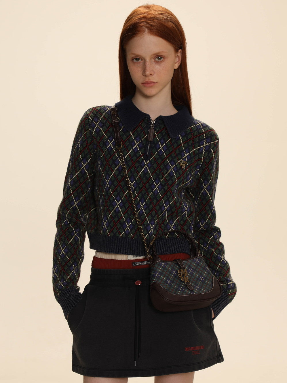 Vintage Argyle Polo-Neck V-Neck Feminine Sweater - chiclara