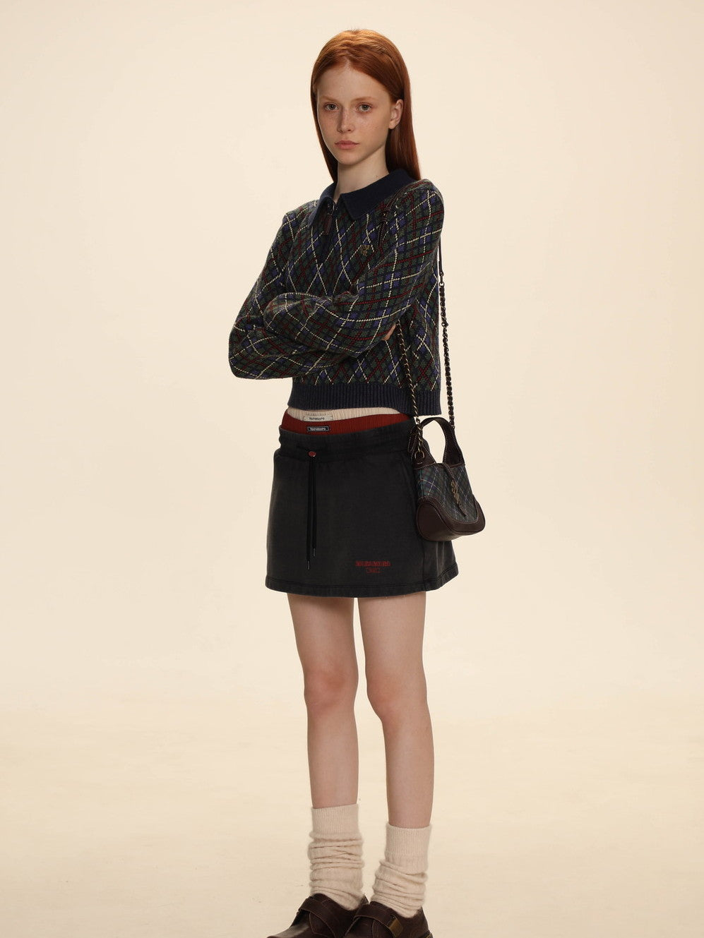 Vintage Argyle Polo-Neck V-Neck Feminine Sweater - chiclara