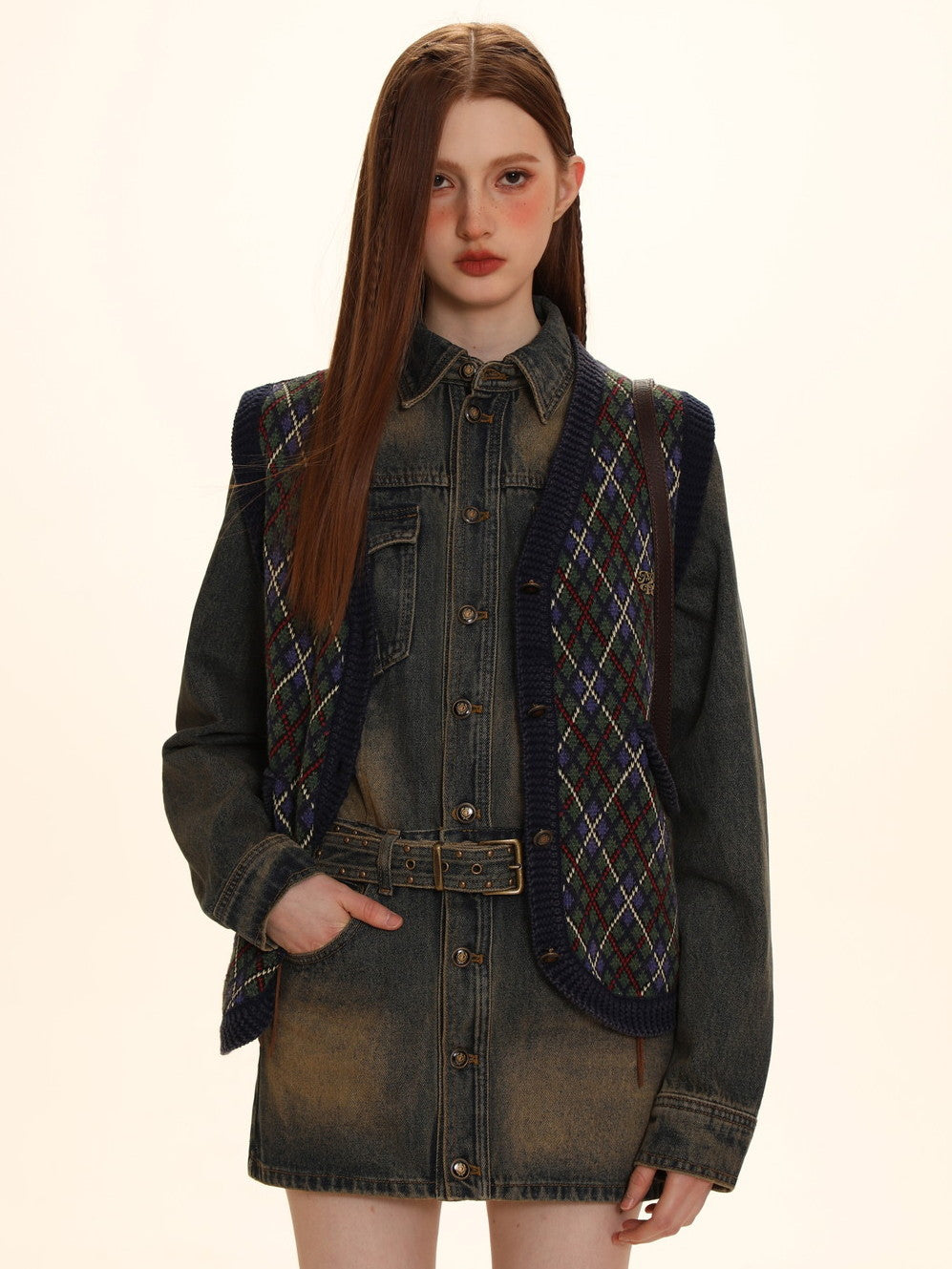 Vintage Argyle Polo-Neck V-Neck Feminine Sweater - chiclara