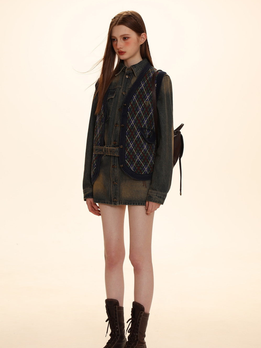 Vintage Argyle Polo-Neck V-Neck Feminine Sweater - chiclara