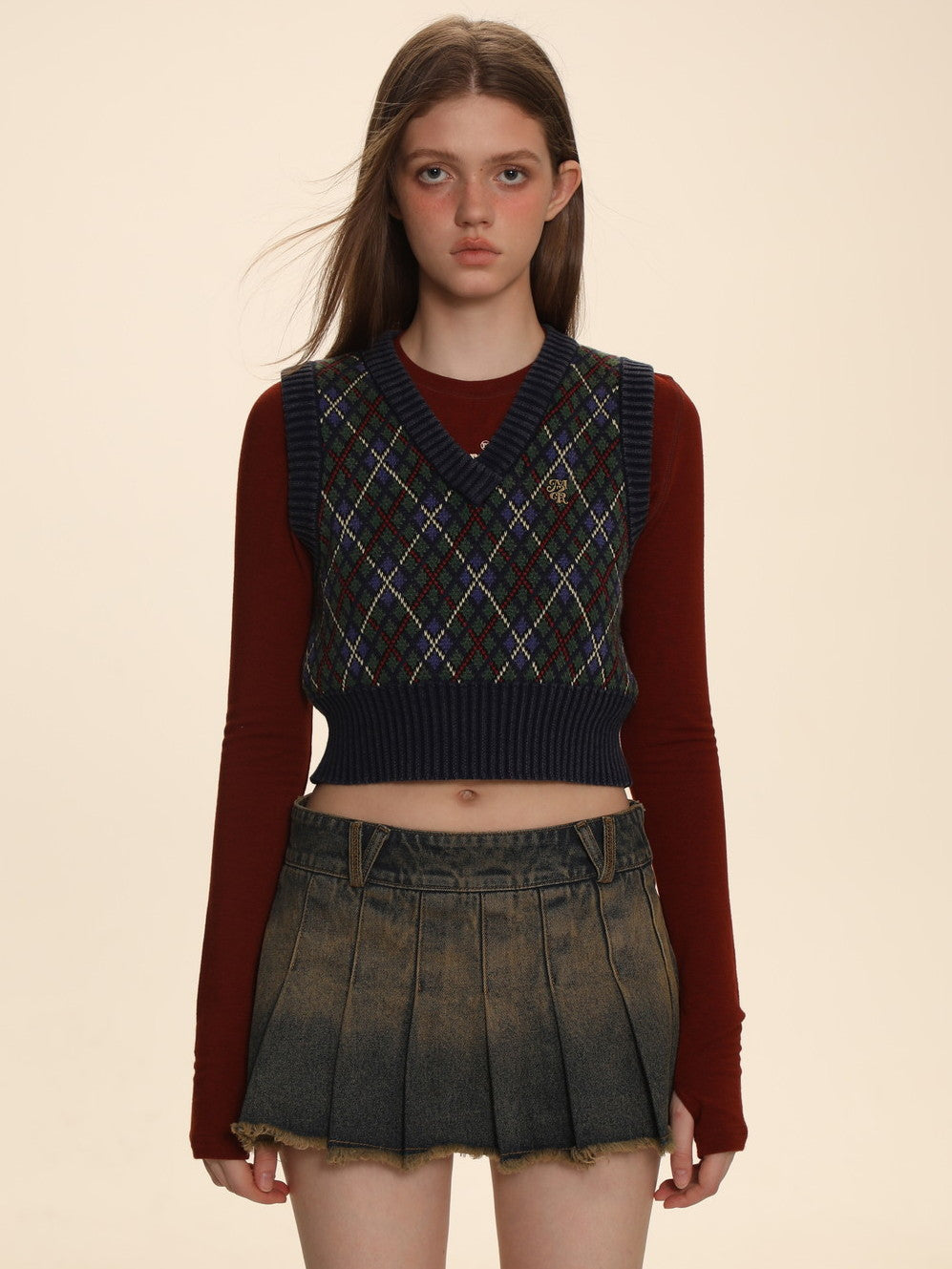 Vintage Argyle Polo-Neck V-Neck Feminine Sweater - chiclara