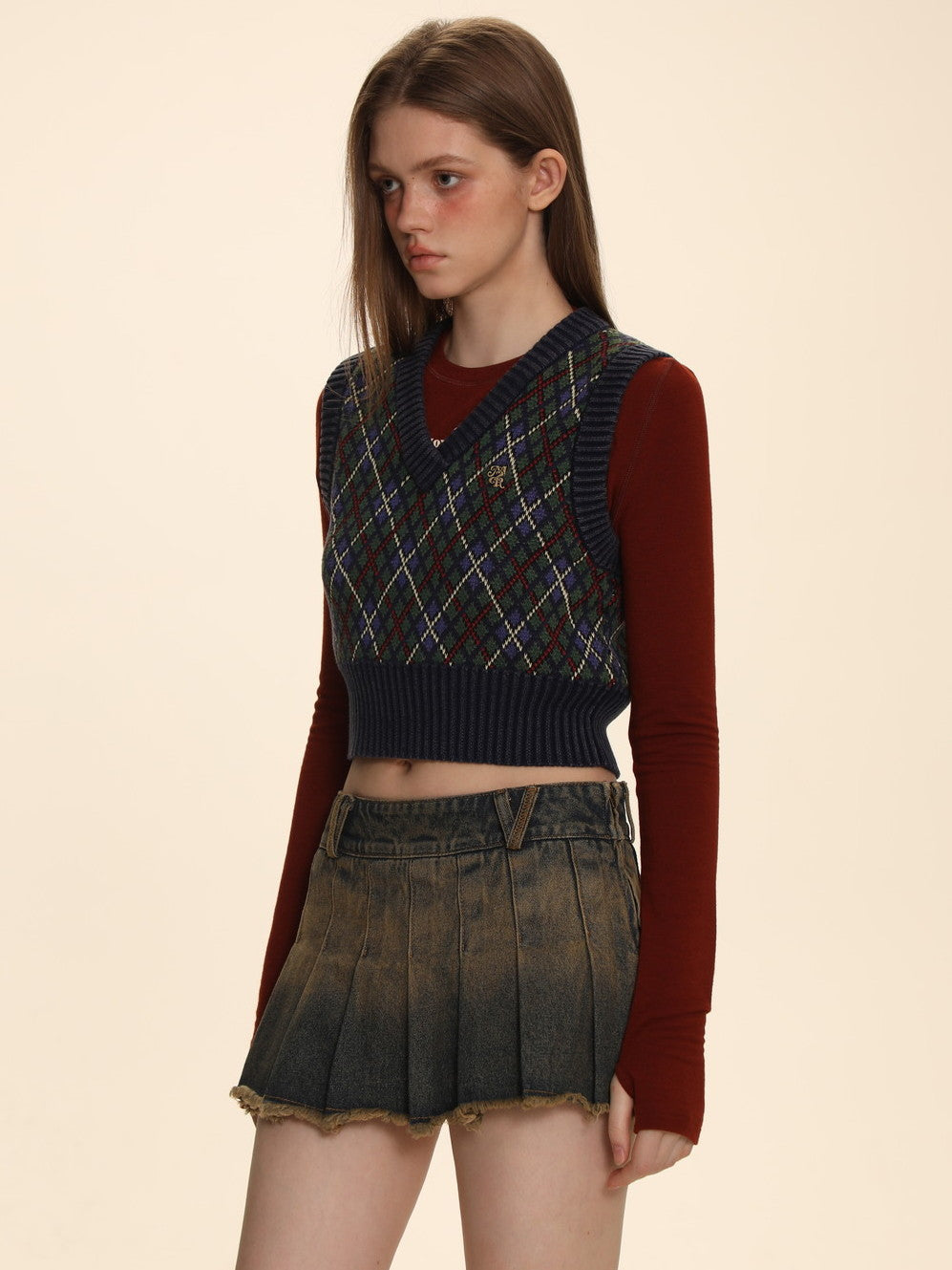 Vintage Argyle Polo-Neck V-Neck Feminine Sweater - chiclara