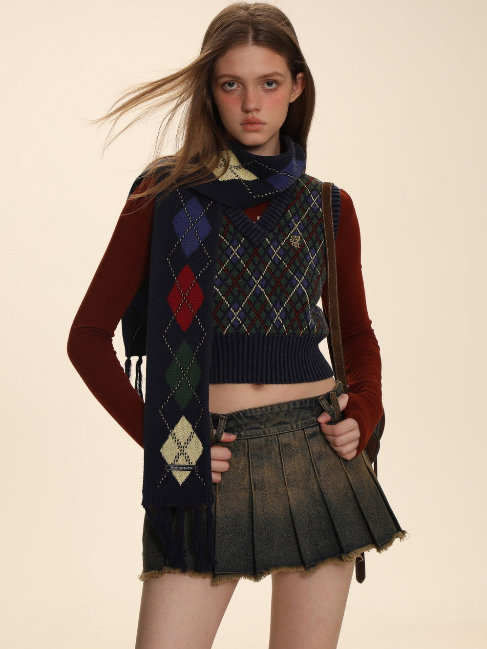 Vintage Argyle Polo-Neck V-Neck Feminine Sweater - chiclara