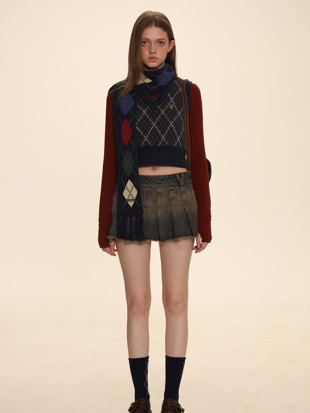 Vintage Argyle Polo-Neck V-Neck Feminine Sweater - chiclara