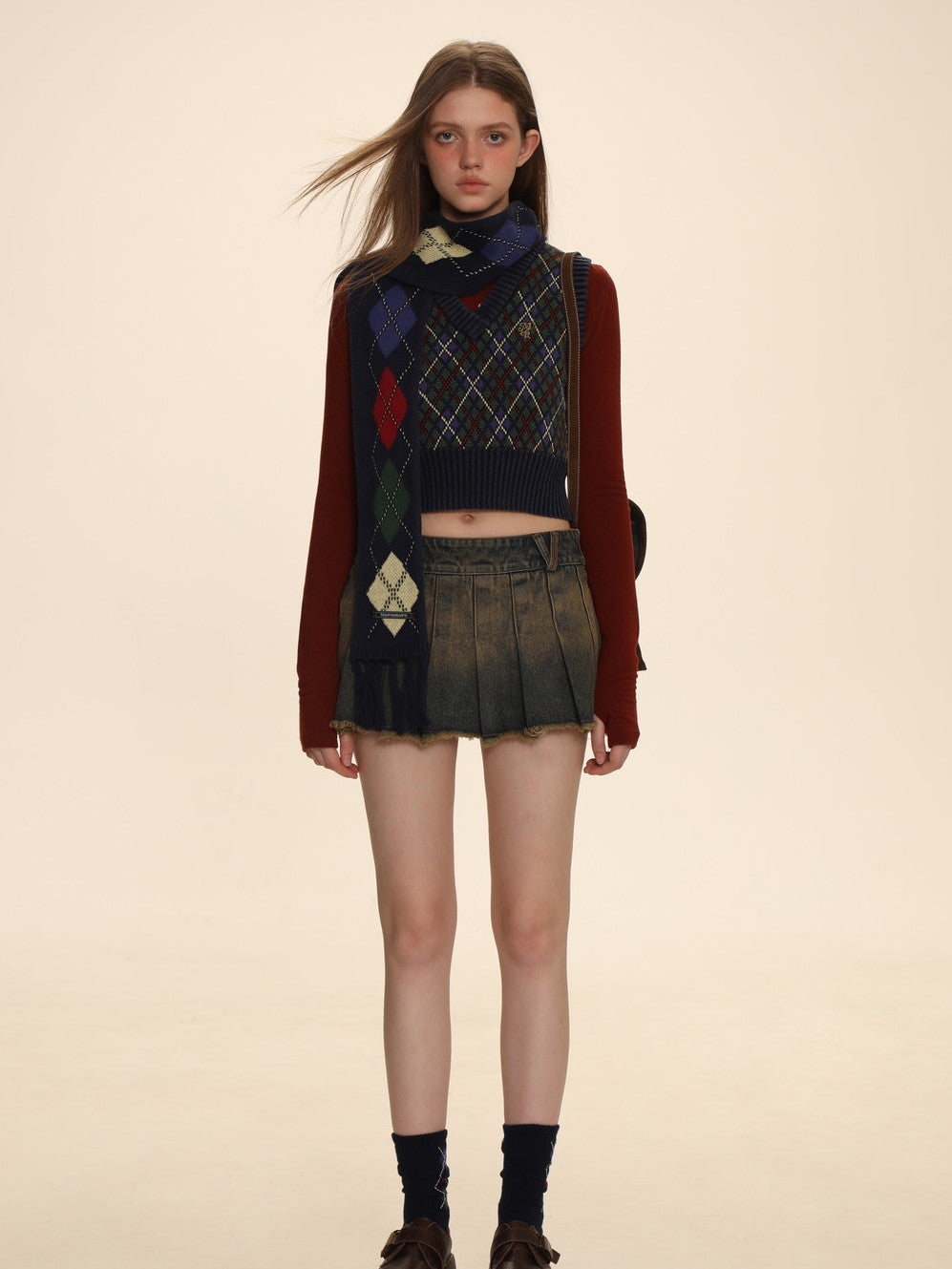 Vintage Argyle Polo-Neck V-Neck Feminine Sweater - chiclara