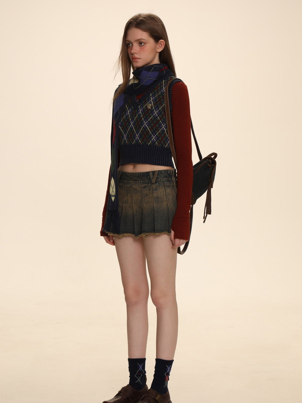 Vintage Argyle Polo-Neck V-Neck Feminine Sweater - chiclara
