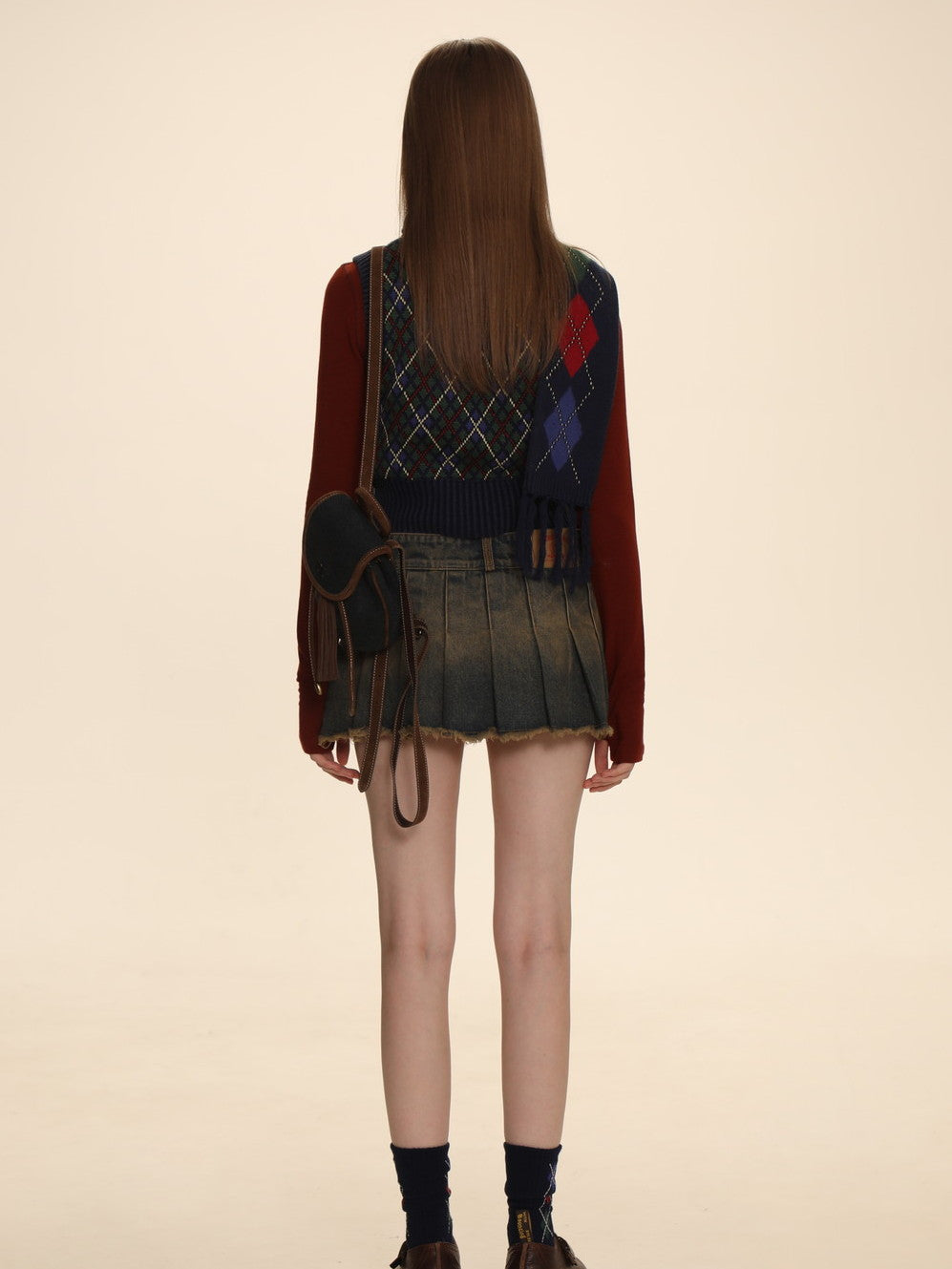 Vintage Argyle Polo-Neck V-Neck Feminine Sweater - chiclara