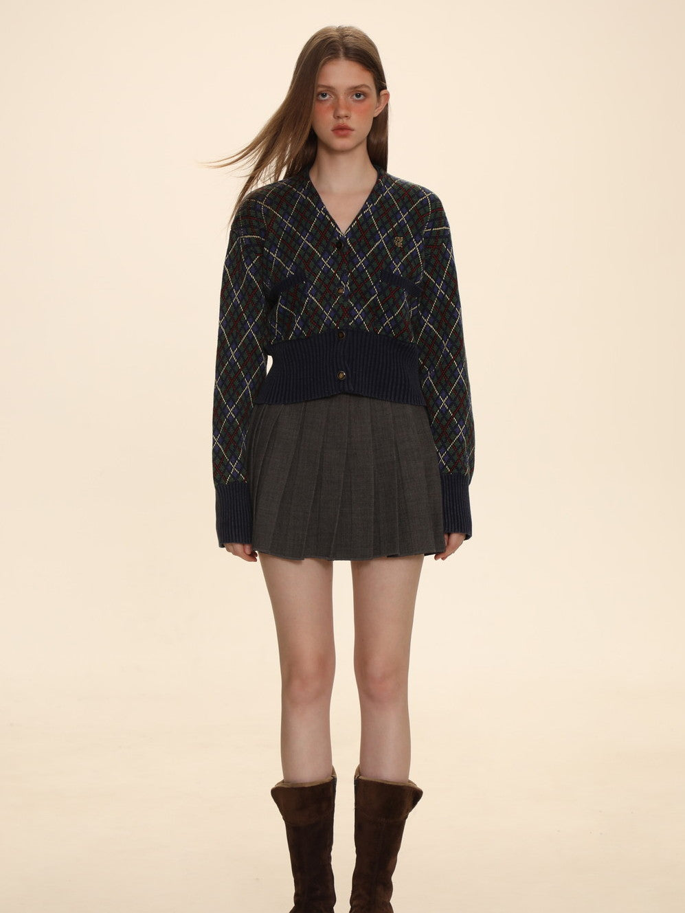 Vintage Argyle Polo-Neck V-Neck Feminine Sweater - chiclara