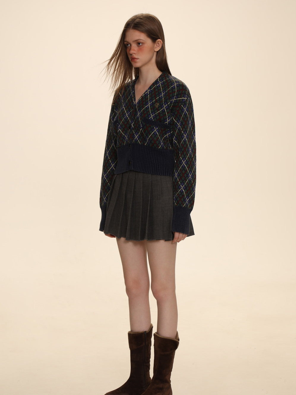 Vintage Argyle Polo-Neck V-Neck Feminine Sweater - chiclara