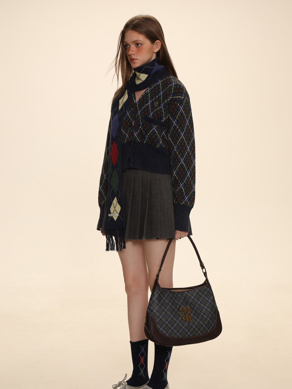 Vintage Argyle Polo-Neck V-Neck Feminine Sweater - chiclara