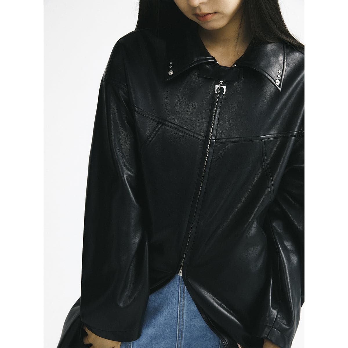 Black Leather Hooded Coat With Oversized Zipper - chiclara
