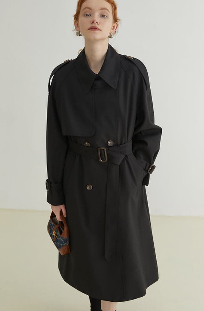 Double-Breasted Loose Mid-Length Melton Trench Coat - chiclara