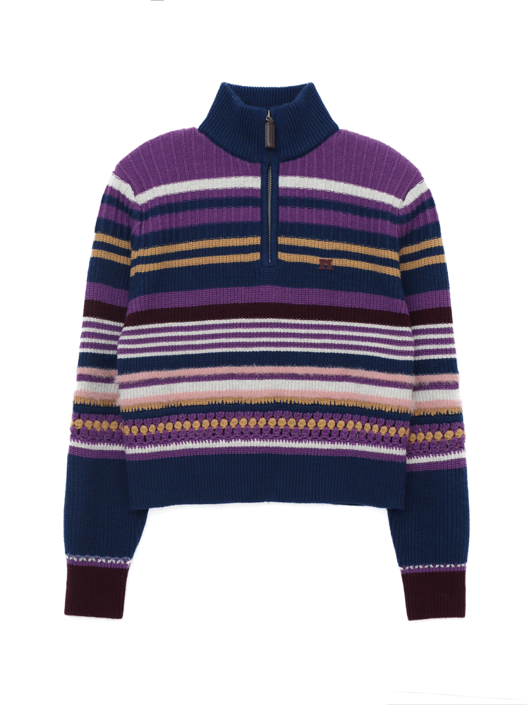 Retro Colorful Knit With High-Neck Border - chiclara