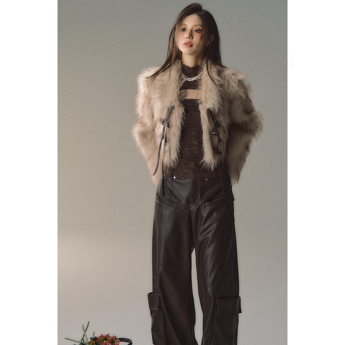 Khaki Fluffy Jacket With Horn Toggle Button - chiclara