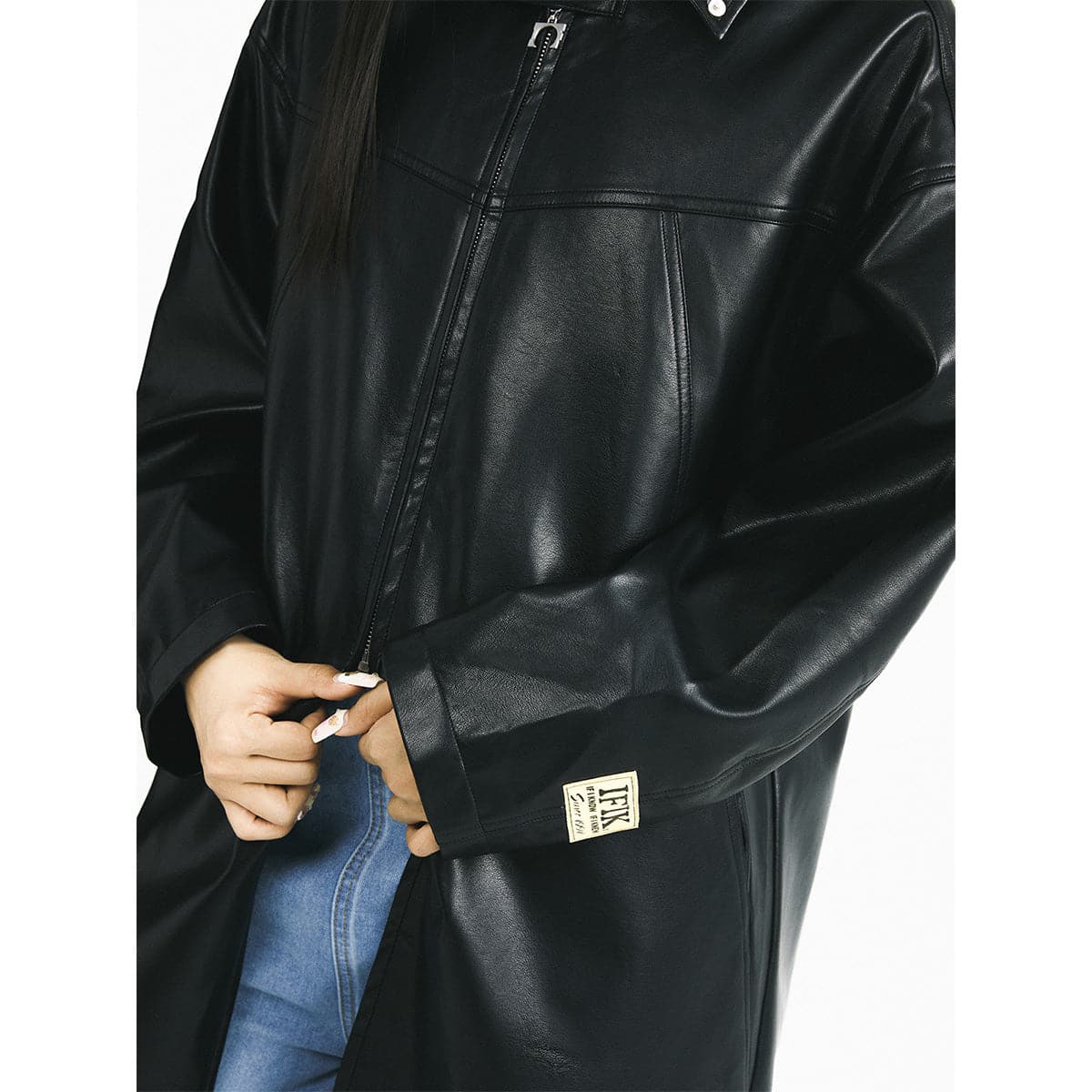 Black Leather Hooded Coat With Oversized Zipper - chiclara