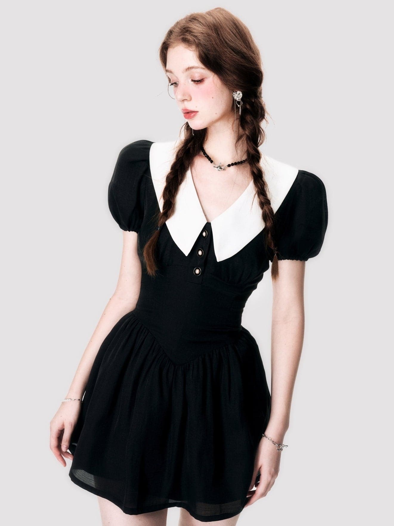 Elegant Flared Retro Dress With Puff Sleeves - chiclara