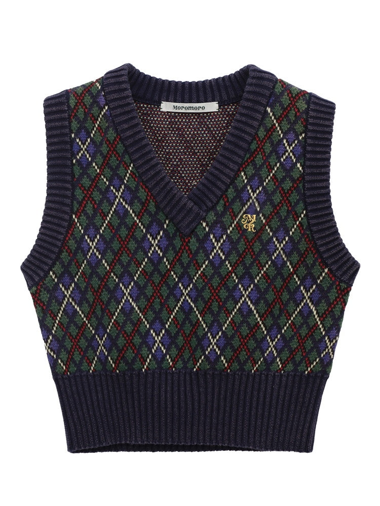 Vintage Argyle Polo-Neck V-Neck Feminine Sweater - chiclara