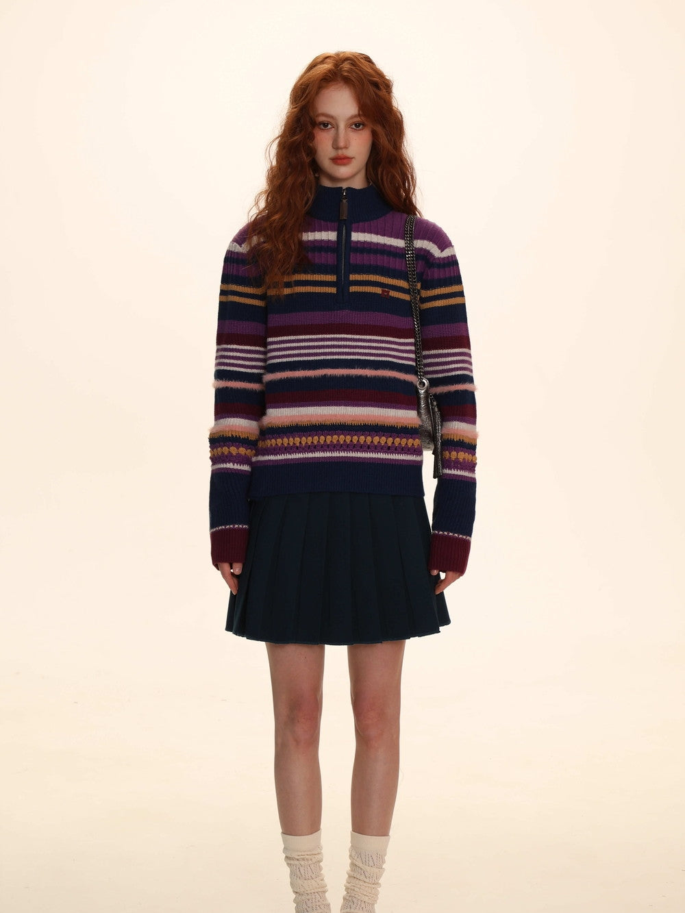 Retro Colorful Knit With High-Neck Border - chiclara