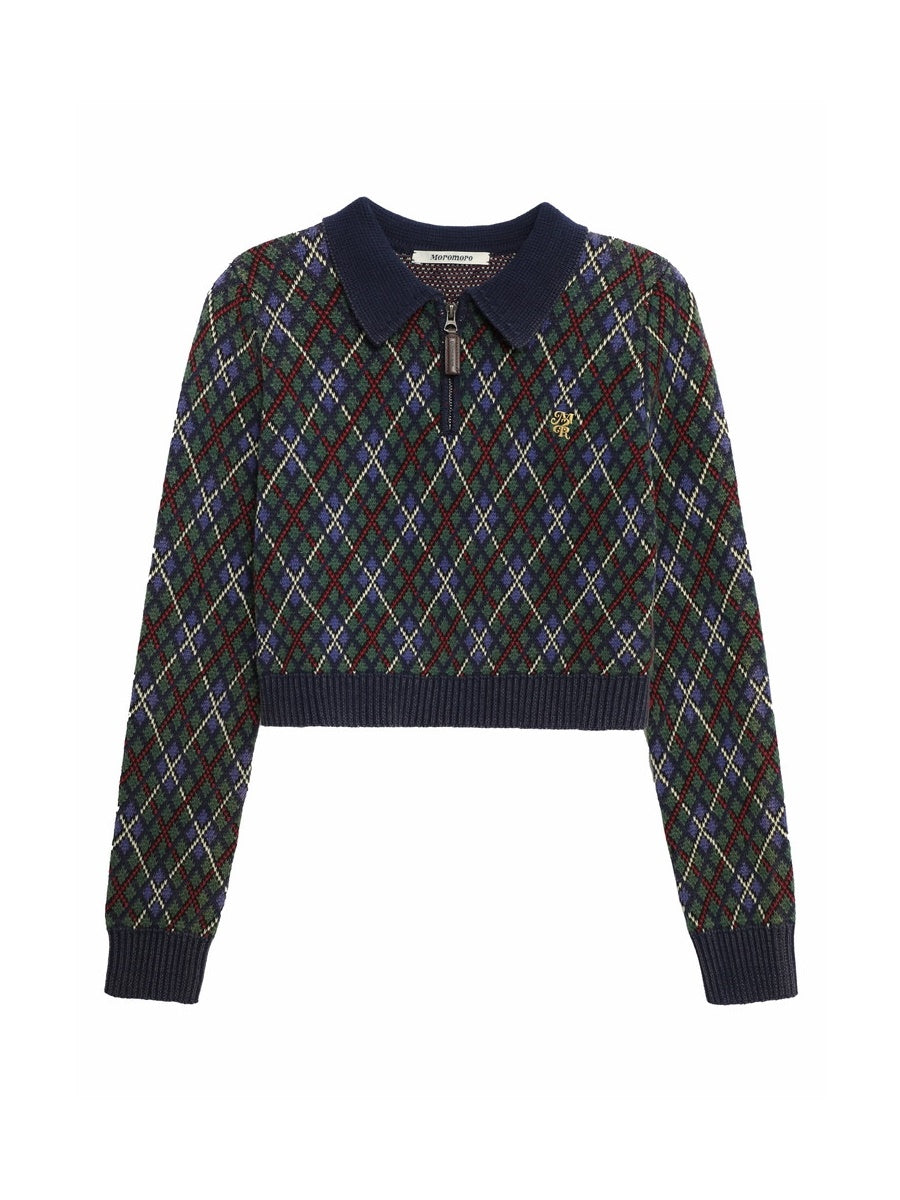 Vintage Argyle Polo-Neck V-Neck Feminine Sweater - chiclara
