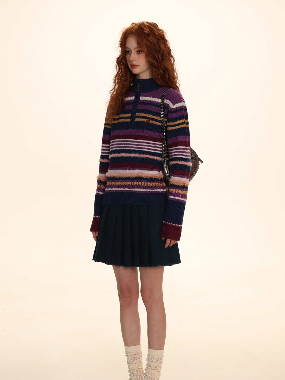 Retro Colorful Knit With High-Neck Border - chiclara
