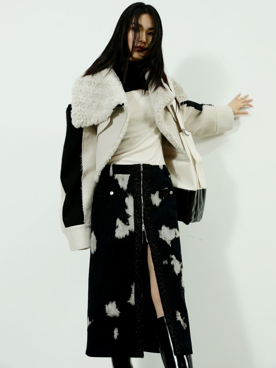 Speckled Corduroy Long-Skirt With Fastener Slit - chiclara